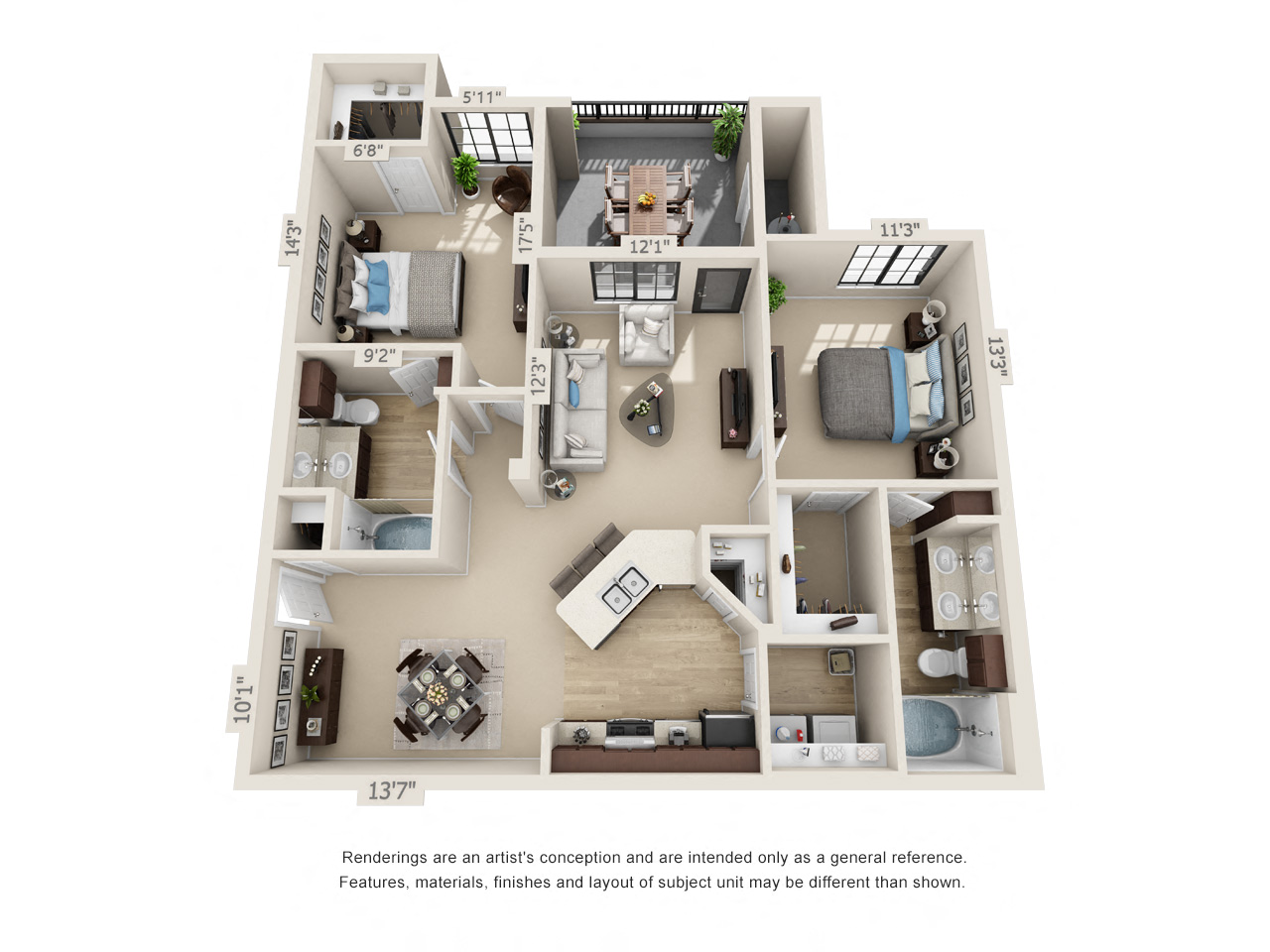 Floor plan for 2 beds, 2 baths, 1169 sqft